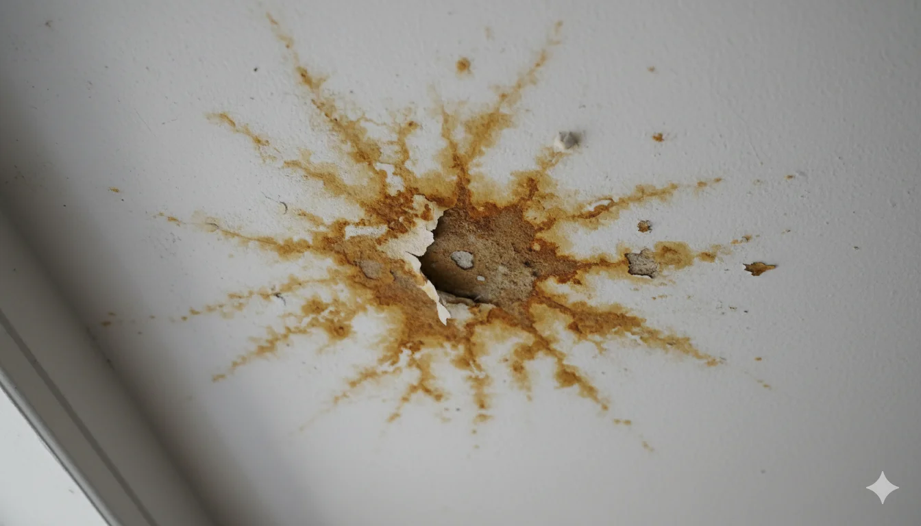 Tache d'humidité au plafond causée par une fuite d'eau